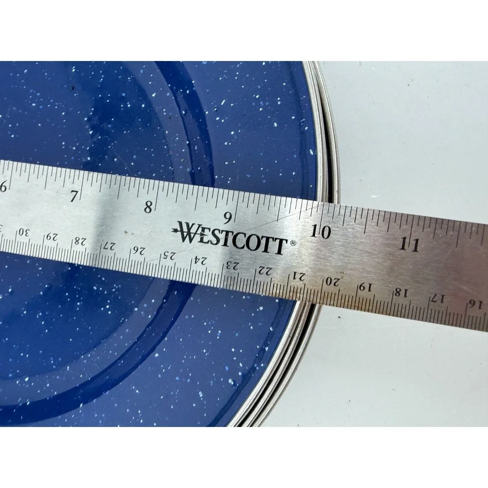 Vintage Blue Enamelware Dinner Plates White Speckled Silver Rim Camping Set of 4